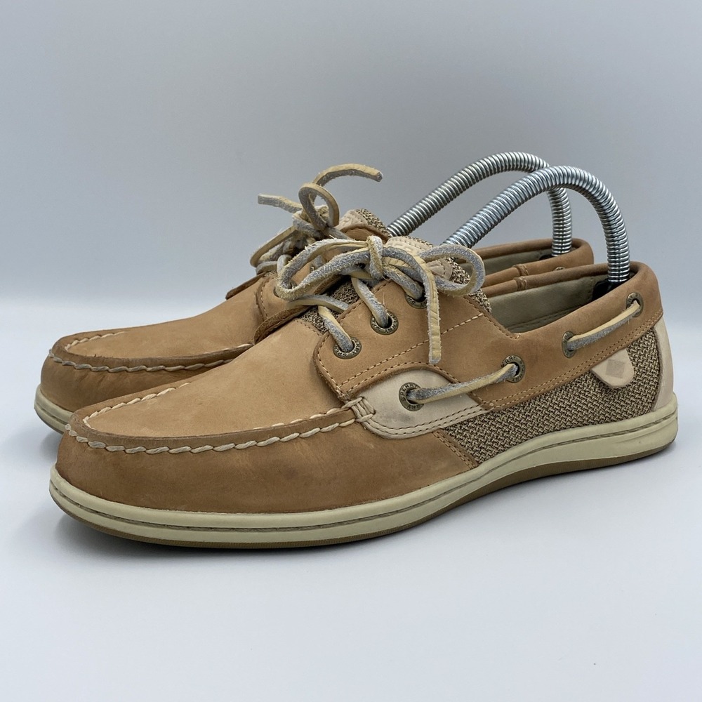 Sperry Top-Sider Songfish Boat Shoes Women's 8.5 Linen Oat Tan Leather Fabric